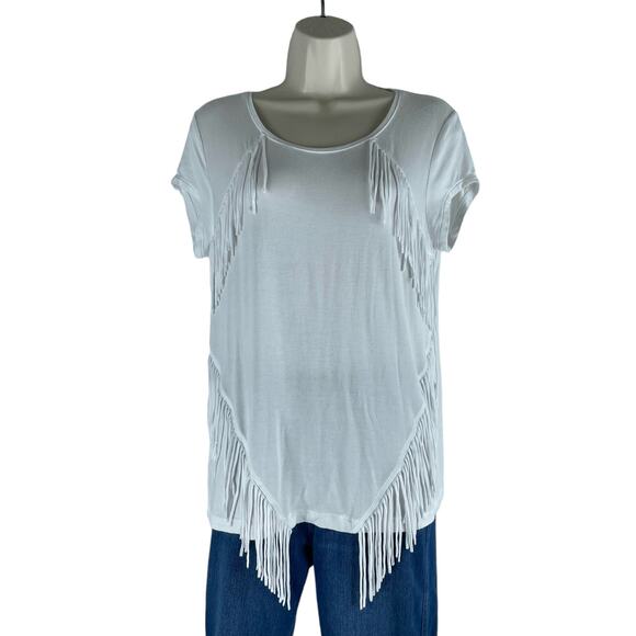 Zenergy by Chico’s Short Sleeve Fringed T Shirt Top White Tee Size 0/ S - Picture 1 of 6